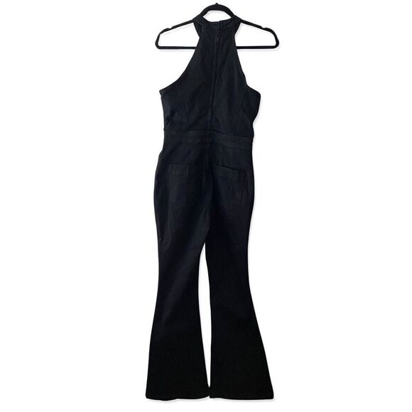 FREE PEOPLE Sz 8 CRVY SYDNEY HALTER DENIM JUMPSUIT BLACK Stretch Bell Bottom M - Picture 7 of 10
